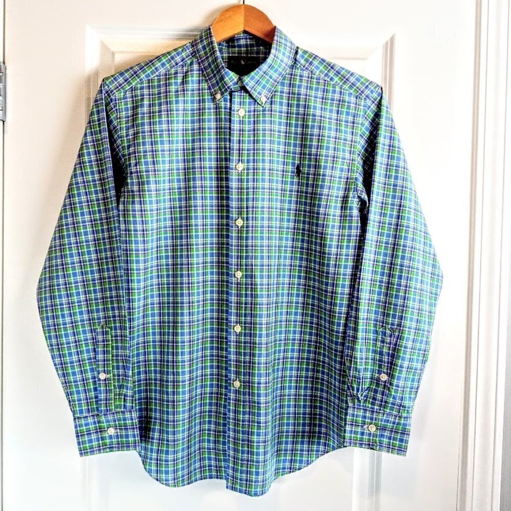 Ralph Lauren Blue Green Plaid Cotton Long Sleeve Shirt - L (14-16)